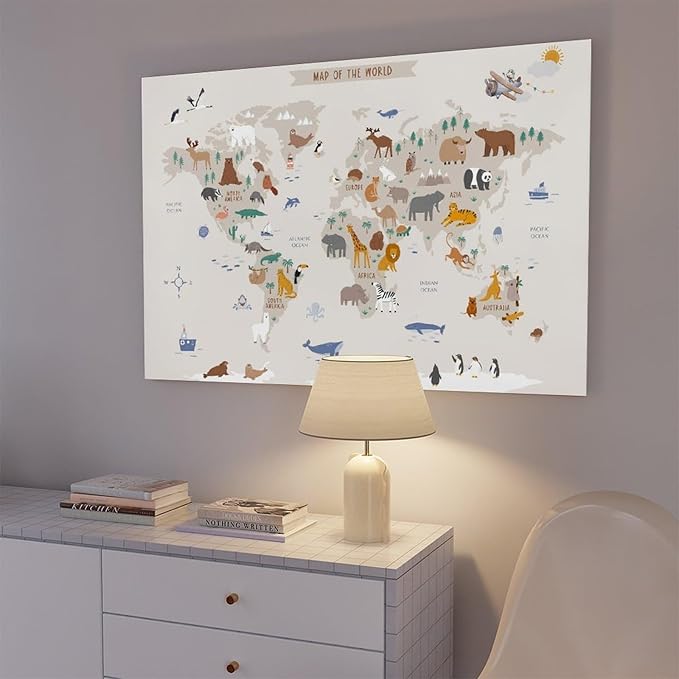 KIPNG Kids World Map - Playroom Animal World Map - Nursery Educational Poster Canvas Poster Bedroom Sports Landscape Office Room Gift Unframe-style20x30inch(50x75cm)