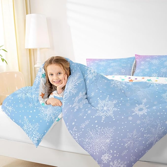 Feelyou Christmas Comforter Set All Season Winter Snowflake Bedding Set with 2 Pillow Cases Blue Purple Gradient Microfiber Kids Full Bedclothes Bedroom Decor Duvet Quilt Breathable Soft Lightweight