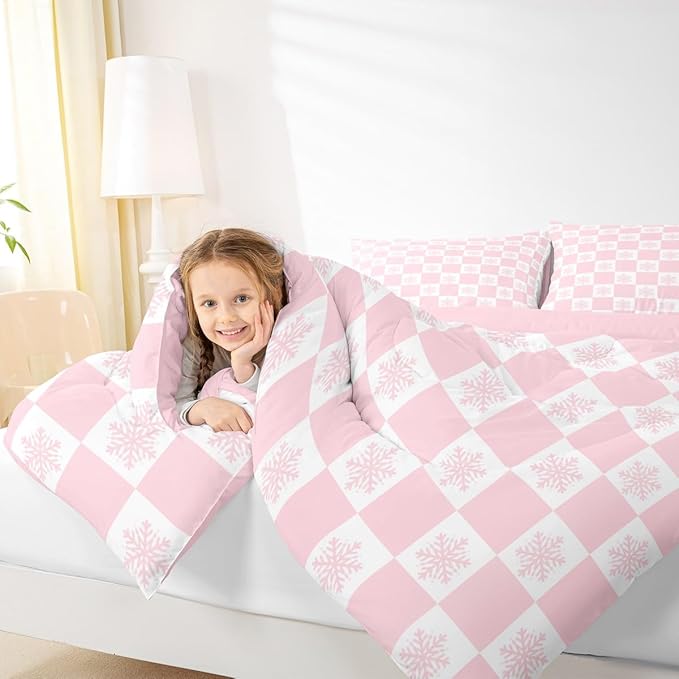 Feelyou Christmas Kids Comforter Set King Size Checkered Bedding Set Snowflake Duvet Quilt for Kids Boys Girls Bedroom Xmas Decorations Decor Pink Microfiber Ultra Soft Breathable