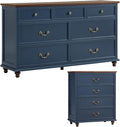 Bedroom Sets, 54" Wide 7 Drawers Dresser and 37" Tall 4 Drawers Dresser, Wooden 2 Piece Bedroom Furniture Set, Chest of Drawer for Bedroom, Home, Living Room, Hallway, Navy Blue