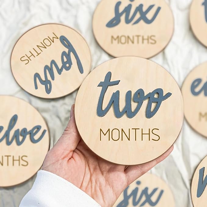 Baby Monthly Milestone Markers Disc, Wooden 3D Milestone Cards for Photos, Baby Announcement Sign,Slate Blue, 1-12 Months, 4 Inches in Size.
