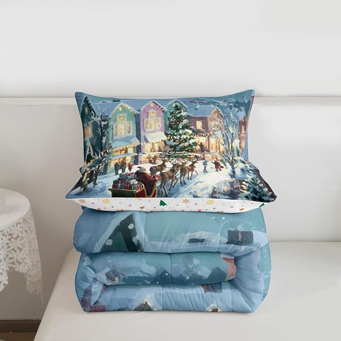 Feelyou Watercolor Christmas Comforter Set King Size Santa Claus Bedding Set for Kids Boys Girls Reindeer Sled Duvet Quilt Xmas Tree Bedroom Decor Microfiber 3 Pcs with 2 Pillow Cases