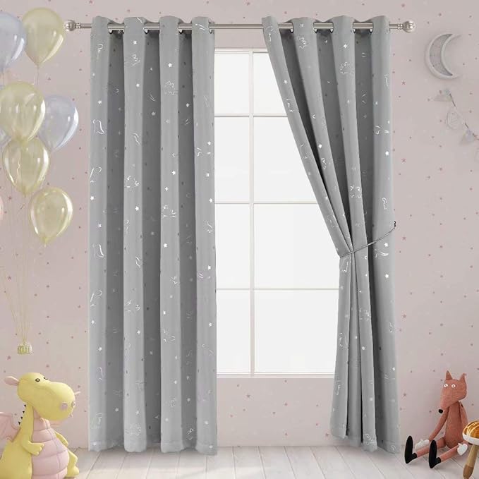LORDTEX Dinosaur and Star Foil Print Blackout Curtains for Kids Room - Thermal Insulated Curtains Noise Reducing Window Drapes for Boys and Girls Bedroom, 52 x 95 Inch, Light Grey, Set of 2 Panels