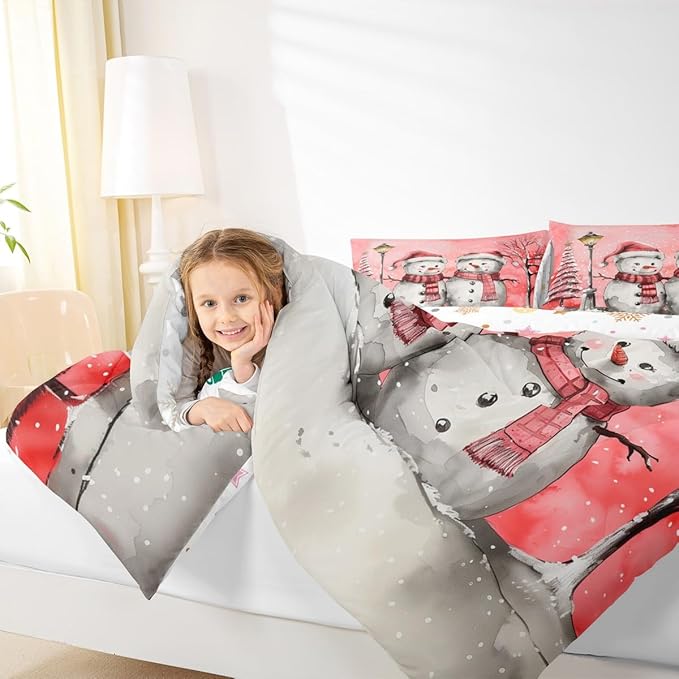 Feelyou Christmas Bedding Set Soft for Boys Girls, Pink Watercolor Snowman Comforter Set Full Size Xmas Winter Duvet Quilt Microfiber Snowflake Bedroom Decor 3 Pcs with 2 Pillow Cases