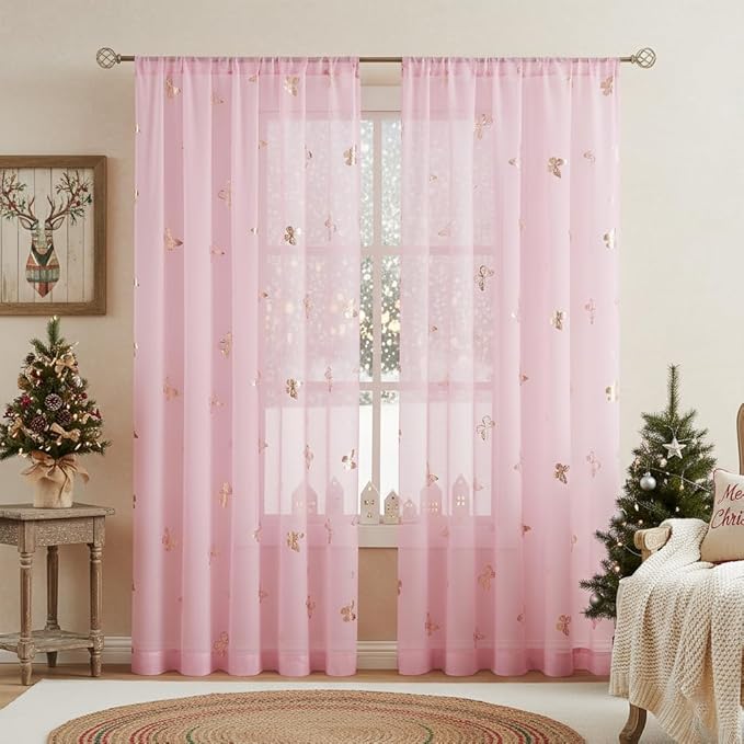 Jubilantex Pink Butterfly Sheer Curtains Gold Print Drapes for Baby Girls Nursery, Kids Bedroom 84 Inch Long Toddler Linen Textured Curtain Rod Pocket Window Treatment Sets, 2 Panels
