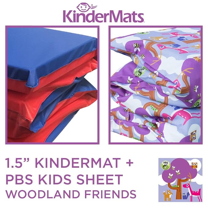 KinderMat 1.5" Thick + PBS Kids Kinderbundle - Washable Cover, Special Edition - Woodland Friends Design - Regular, Sheet is 47" x 22", Value Bundle Great for Daycare & Family Households