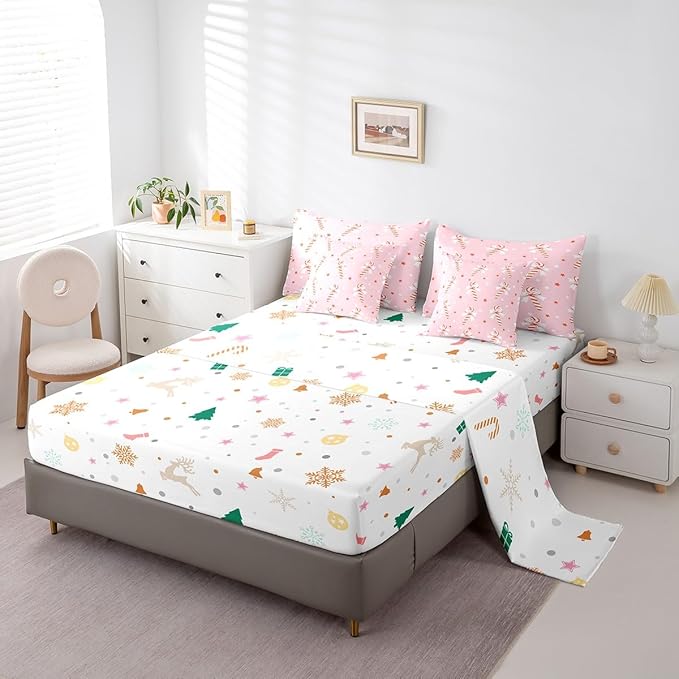 Pink Christmas Girly Comforter Set with Sheets Kids Christmas Bowknot Bedding Set Boys Girls Bow Candy Decor Bed in a Bag Xmas Theme Bed Set Bedroom Full Size