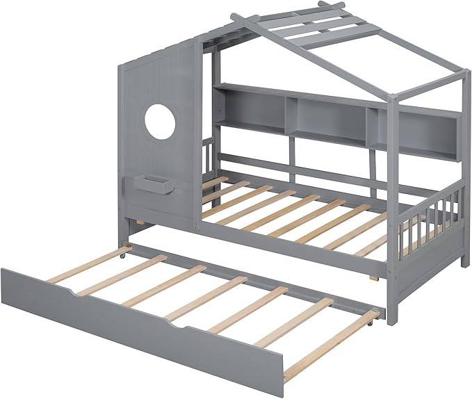 Harper & Bright Designs Twin Size Modern House Bed with Roof, Wooden Twin Kids House Bed Frame with Trundle and Storage Shelf, Gray