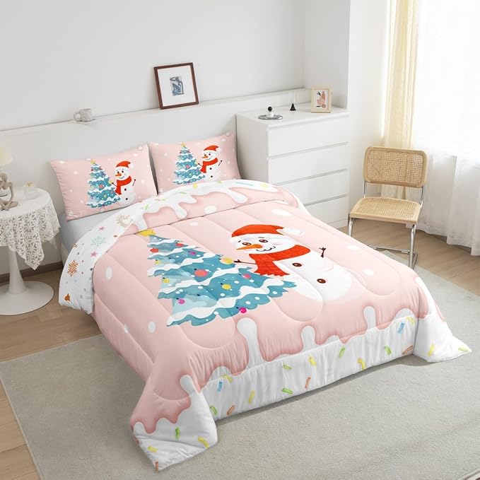 Castle Fairy Cartoon Christmas Full Size Comforter Set,Xmas Cute Snowman Pine Trees Bedding Comforters Bedroom Collection,Pink Cream Candy Girly Funny Bedding Set for Girls Teens