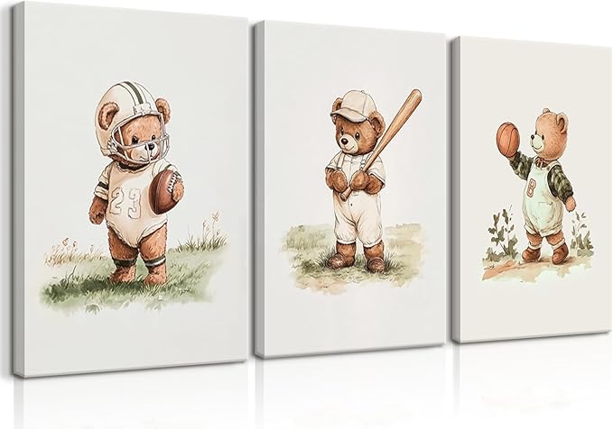 3Pcs Nursery Teddy Bear Canvas Wall Art Vintage Sports Bear Wall Decor Sports Boys'Room Artwork Prints Basketball Football Baseball Painting Pictures for Children's Room Boys' Room (12x16in Canvas)