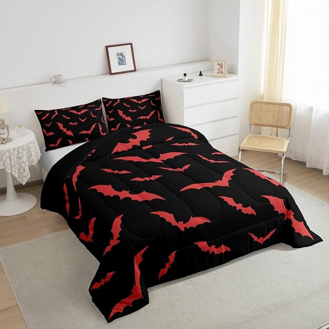 Erosebridal Bat Bedding Set Halloween Comforter Set with 1 Pillow Case Red Bats Animals Quilt Toddler Size for Kids Boys Bedroom Holiday Gothic Spooky Style Quilt