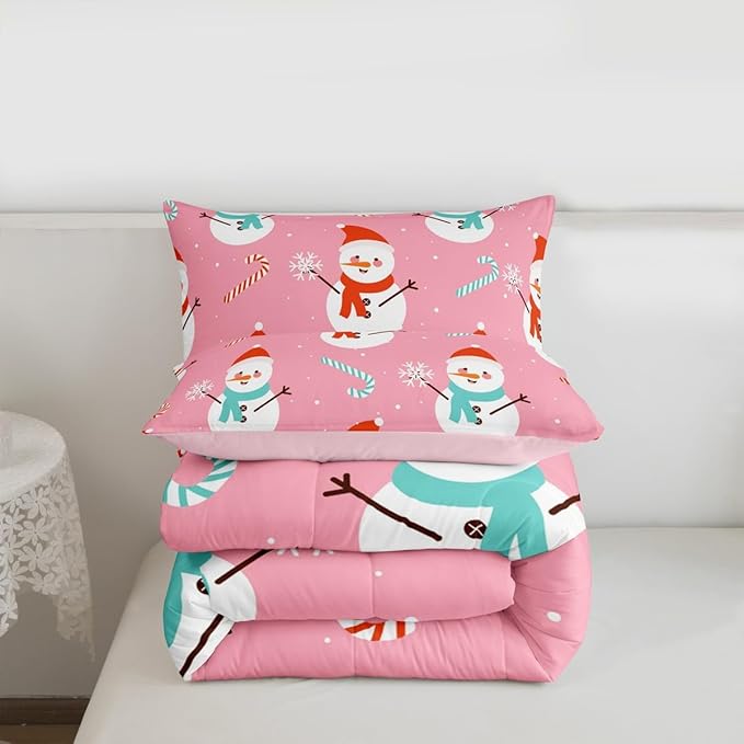 Feelyou Pink Christmas Bedding Set Soft for Boys Girls, Snowman Comforter Set Twin Size Snowflake Duvet Quilt Microfiber Candy Cane Bedroom Decor 2 Pcs with 1 Pillow Cases