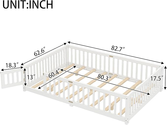 Bellemave Queen Size Floor Bed for Kids, Girls, Boys, Wood Floor Bed with slats and Door, White