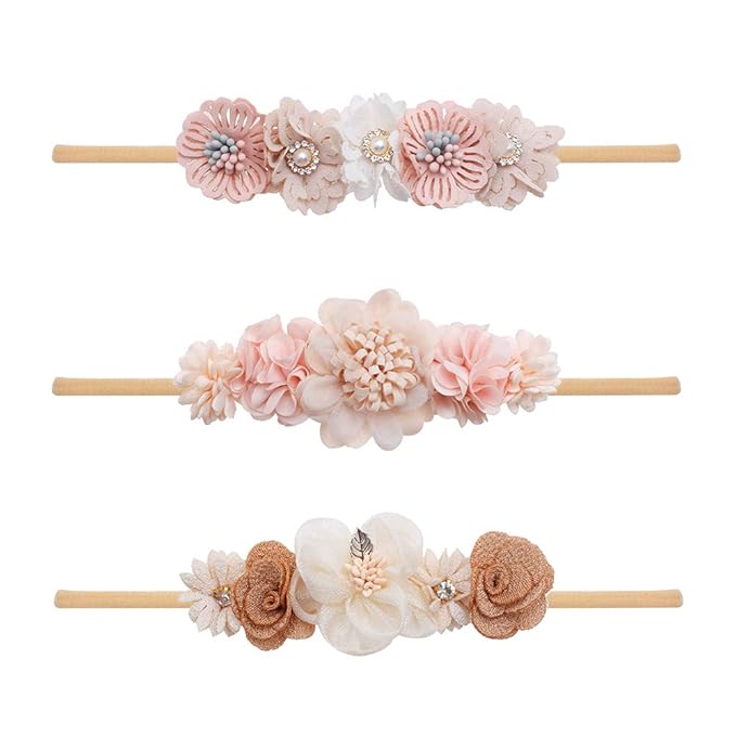 cherrboll 3pcs Baby Girl Flower Headbands, Super Soft & Stretchy Nylon Floral Hairbands for Newborn Toddler