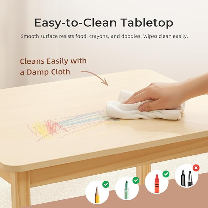 Wood Kids Table and Chairs Set, Waterproof Desktop, Easy to Clean, Smooth Edge, Ideal Toddler Table Chairs Set for Eating, Snack Time and Play Games