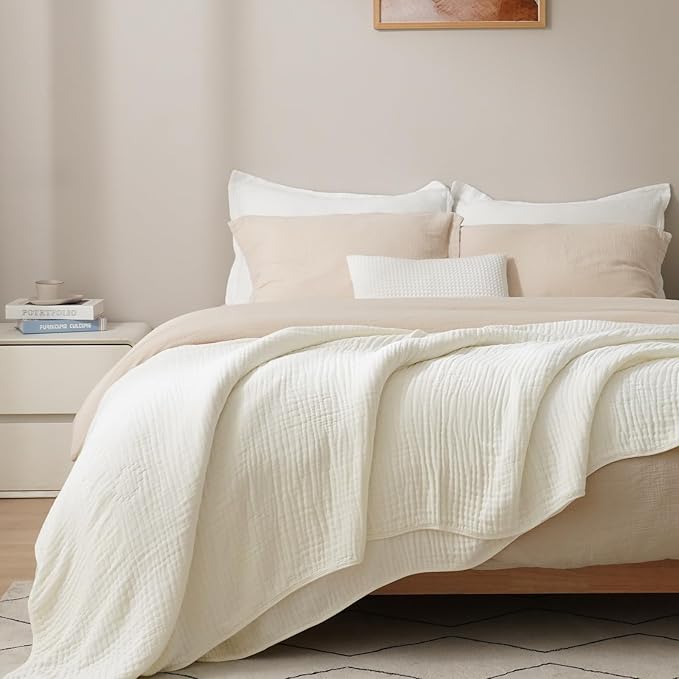 PHF Cooling Muslin Blanket Queen Size 90"x80", 6-Layer Lightweight Gauze Blanket Made from 35% Rayon Derived from Bamboo & 65% Cotton, Breathable & Ultra Soft Cozy, Aesthetic Home Decor, Snow White