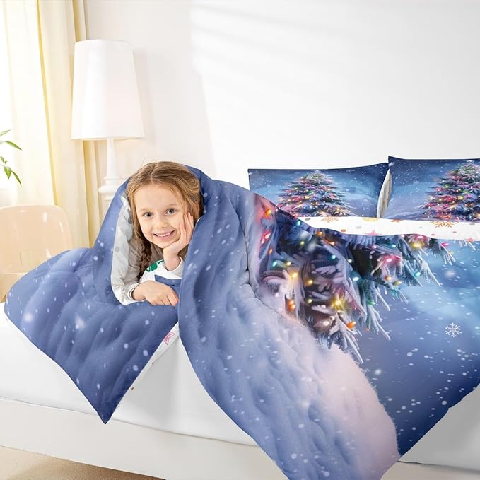 Feelyou Christmas Comforter Set All Season Xmas Tree Bedding Set with 2 Pillow Cases Colored Light Strips Microfiber Kids King Bedclothes Snowflake Bedroom Decor Duvet Quilt Breathable Soft