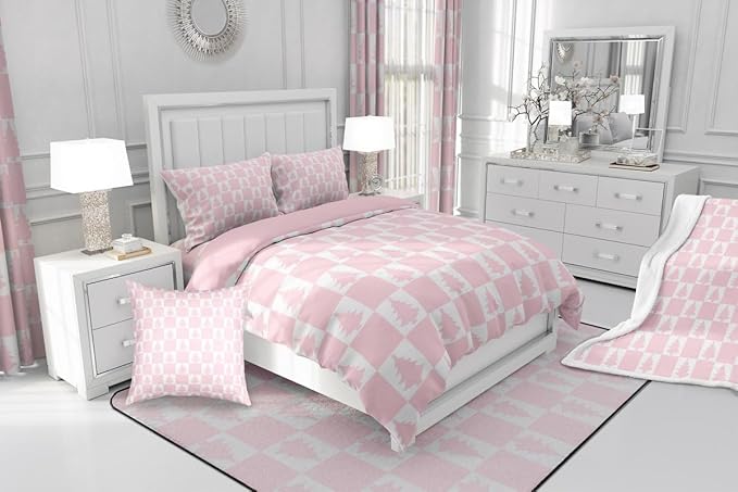 Feelyou Christmas Bedding Set Soft for Boys Girls, Checkered Comforter Set Toddler Size Christmas Tree Duvet Quilt Microfiber Xmas Decorations Bedroom Decor Pink 2 Pcs with 1 Pillow Cases