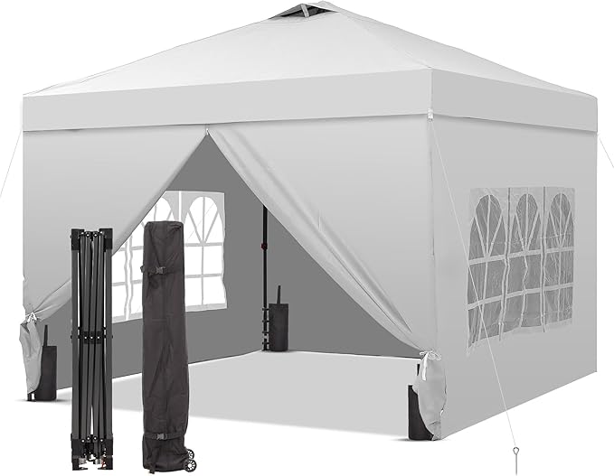 GDY 12x12 Pop Up Canopy Tent with 4 Sidewalls, Easy Set up with One Push Lift Outdoor Silver Coated Beach Gazebos, Carpas for Pool, Events, Parties, and Camping, White.