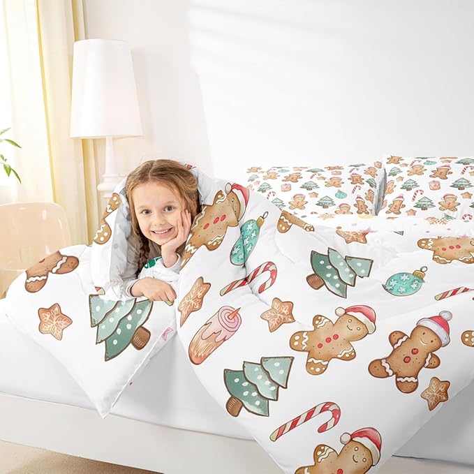Feelyou Pink Gingerbread Comforter Set King Size Christmas Bedding Set for Kids Boys Girls Candy Cane Duvet Quilt Xmas Bedroom Decor Microfiber 3 Pcs with 2 Pillow Cases