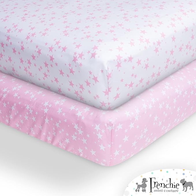 Frenchie Mini Couture Fitted Pack N Play Sheets 100% Woven Cotton Standard Mattress, Pink Stars, 27 x 39in, 2-Pack