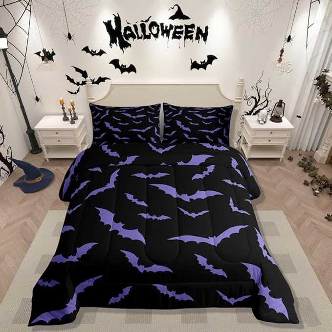 Erosebridal Happy Halloween Comforter Set with 2 Pillow Cases Dark Purple Gothic Bats Quilt Queen Size for Kids Boys Black Spooky Cartoon Gothic Bedding Set