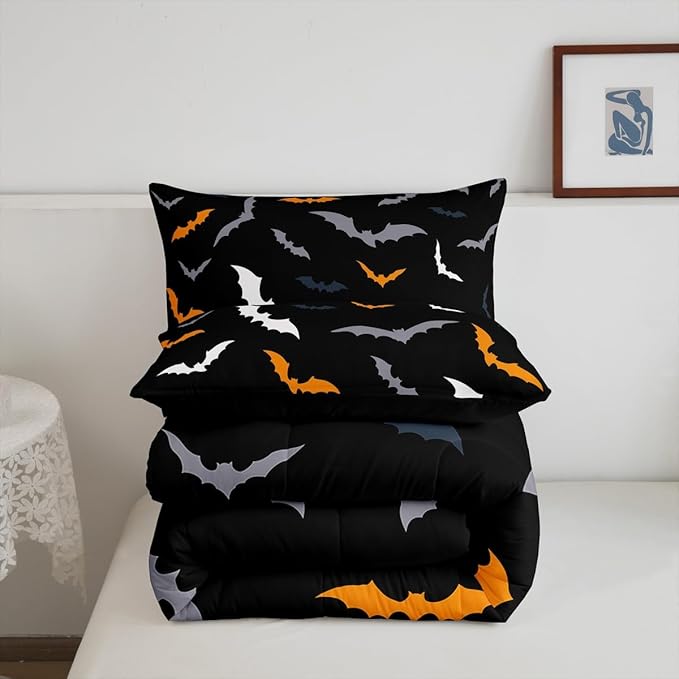 Erosebridal Gothic Halloween Decor Comforter Set King Size for Kids Boys Girls - Bats Animal Silhouette Bedding Set with 2 Pillow Cases, Orange and Grey Duvet Insert