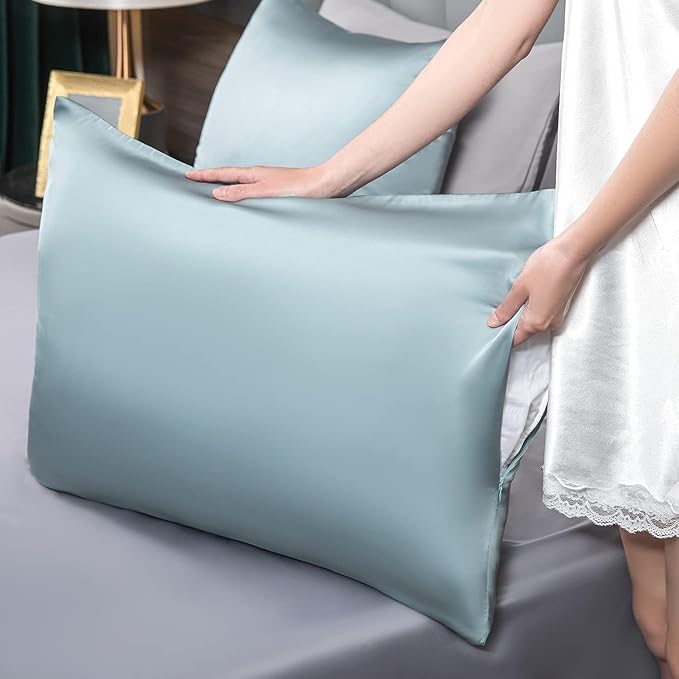 Mulberry Silk Pillowcase for Hair and Skin,Cooling Silk Pillow Case with Hidden Zipper,Allergen Proof Dual Sides Soft Breathable Smooth Silk Pillow Cover for Women (Aqua Blue, Body)