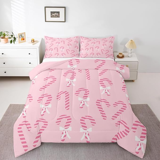 Feelyou Merry Christmas Comforter Set Queen Size Pink Candy Cane Bedding Set for Kids Boys Girls Bow Duvet Quilt Bedroom Decor Microfiber 3 Pcs with 2 Pillow Cases