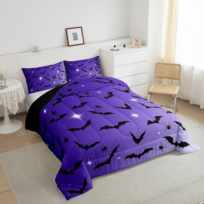 Erosebridal Bat Comforter Set Toddler Size for Kids Galaxy Glitter Bedding Set with 1 Pillow Case Happy Halloween Quilt Gothic Spooky Down Comforter Purple and Black