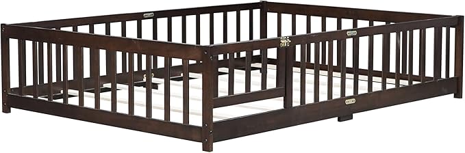 Full Montessori Floor Bed with Roof & Slats for Girls & Boys,Twin Size Floor Bed w/Safety Guardrails for Girls,Boys/Espresso