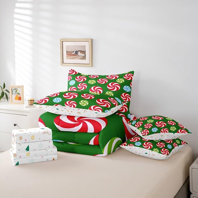 Feelyou Christmas Candy Comforter Set Queen Size 7 Pieces Cute Swirl Candy Bedding Set for Kids Boys Girls Red and Green Blue Sweet Bed in a Bag Reversible Xmas Decor Bedroom Quilted Breathable Soft