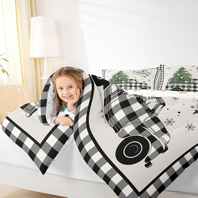 Christmas Truck Kids Comforter Set King Size,Snowflake Pines Trees Rustic Bedding,Girls Boys Adults Bedroom/Xmas Cabin Decor,Geometric Grids Lattice Down Comforter,Retro Duvet Insert,2 Pillowcases