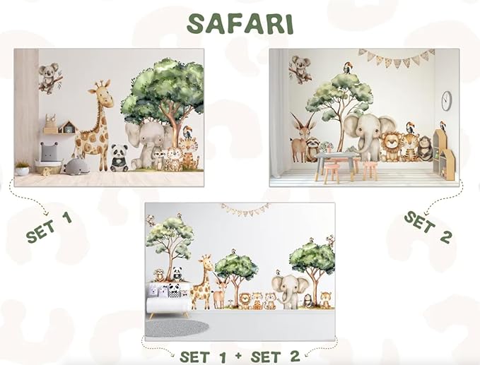 Safari Jungle Wall Stickers – Safari Animals Wall Decals for Nursery – Kids Room Wall Art – Removable Vinyl Stickers for Baby Room Decor – Giraffe Elephant Lion Wall Mural (Set1)