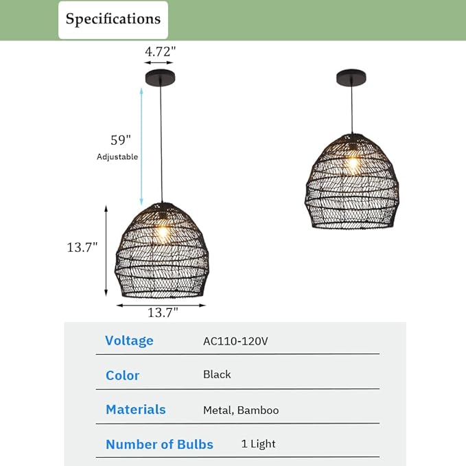 Bamboo Pendant Light Fixture Boho Style 1 Lights Rattan Pendant Lamp Woven Hanging Light for Kitchen Island Nursery in Black(13.7" W)