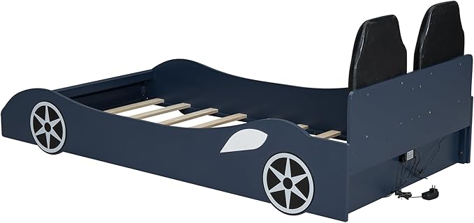 Twin Size Race Car-Shaped Platform Bed with LED and Upholstered Backrest, Solid Wood Upholstered Car Bed Frame with 2 Seats for Kids Boys Girls Bedroom (Blue-31U)