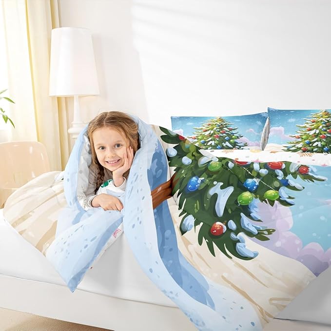 Feelyou Christmas Bedding Set Soft for Boys Girls, Xmas Tree Comforter Set Toddler Size Christmas Tree Ornaments Duvet Quilt Microfiber Winter Snowflake Bedroom Decor 2 Pcs with 1 Pillow Cases
