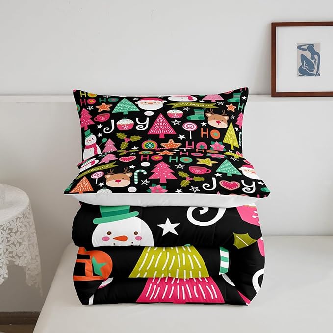 Merry Christmas Kids Comforter Set Twin Size,Cartoon Santa Claus Snowman Xmas Bedding Set,Boys Girls Adults Room Decor,Christmas Trees Deer Cute Down Comforter,Colorful Duvet Insert,1 Pillowcase