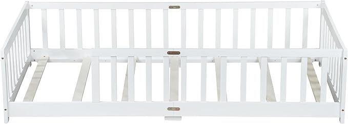 Twin Size Montessori Floor Bed with Wood Slats for Kids Bedroom,Wood Montessori Bed Frame with Safety Guardrails for Girls & Boys,Space Saving Design,White