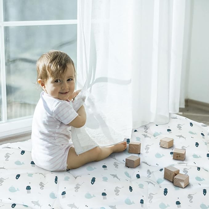 Baby Play Mat for Boys Girls,50'' x 50'' Baby Playmat for Playpen, One-Piece Crawling Play Mat Non Slip, Toddlers, White Ocean