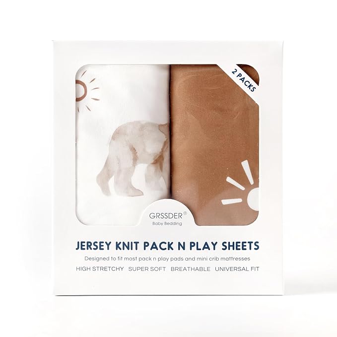 Stretchy Ultra Soft Jersey Knit Fitted Pack n Play Sheets Set 2 Pack, Portable/Mini Crib Sheets for Boys and Girls, Universal Snug Fitted for Pack N Plays, Stylish Playard Sheets of Sunny Bear Print