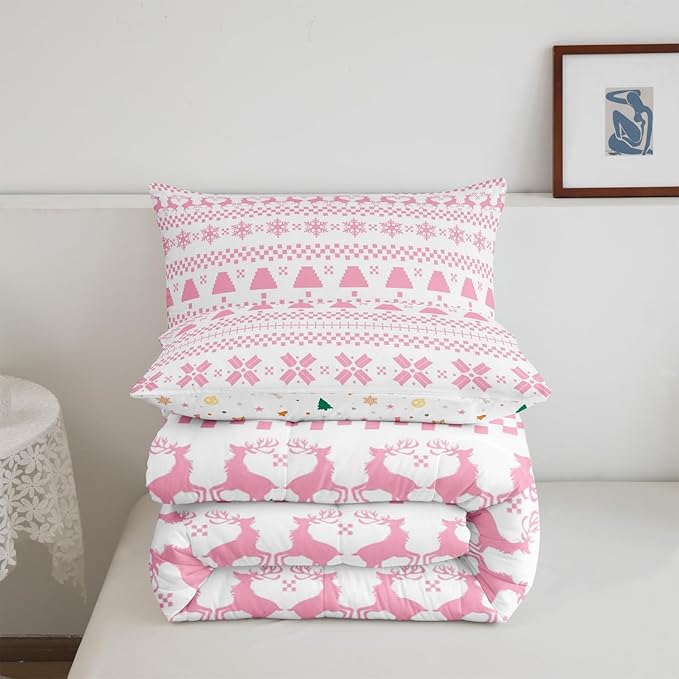 Feelyou Christmas Bedding Set for Kids Boys Girls Toddler Size Xmas Deer Elk Decor Comforter Set Ultra Soft Winter Comforter Xmas Snowflake Duvet Quilt Bedroom Decor Christmas Decor Quilt