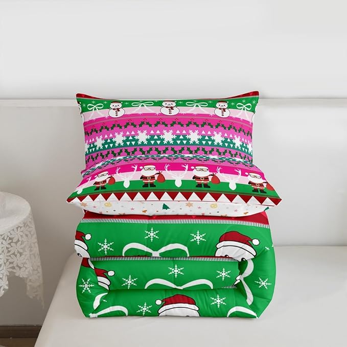 Feelyou Merry Christmas Tree Kids Comforter Set Full Size Cute Snowman Bedding Set Santa Claus Duvet Quilt for Kids Boys Girls Bedroom Cartoon Bowknot Decor Microfiber Ultra Soft Breathable
