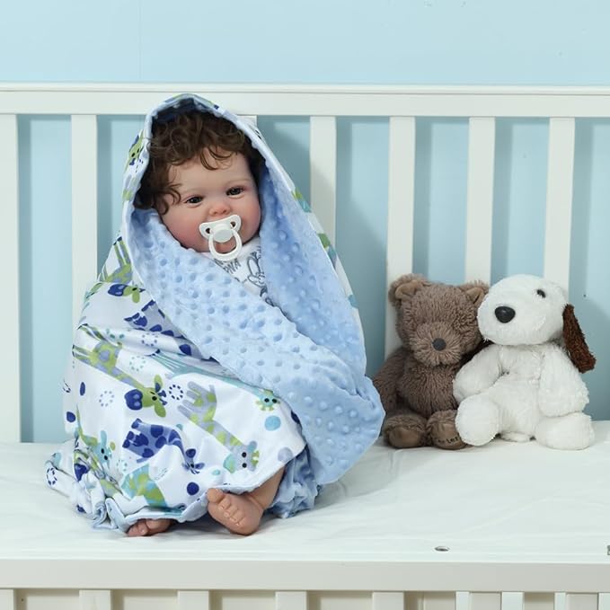 CREVENT 2Pcs 30''X40'' Cute Cozy Fluffy Warm Baby Blankets for Infants Toddlers' Bedding Crib Cot Stroller - Grey Cloud + Minky Giraffe