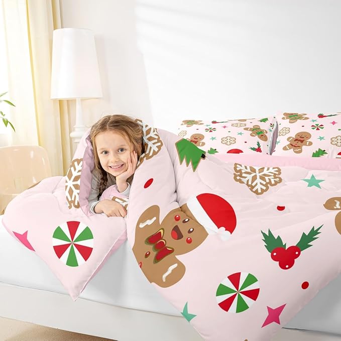 Feelyou Merry Christmas Kids Comforter Set Toddler Size Gingerbread Man Bedding Set Xmas Tree Duvet Quilt for Kids Boys Girls Bedroom Red Berries Snowflake Decor Microfiber Ultra Soft Breathable