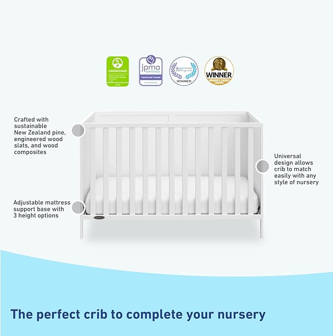Graco Theo 3-in-1 Convertible Baby Crib (White) - GREENGUARD Gold Certified, Converts to Toddler Bed & Daybed, Fits Standard Full-Size Baby Crib Mattress, 4 Adjustable Mattress Heights