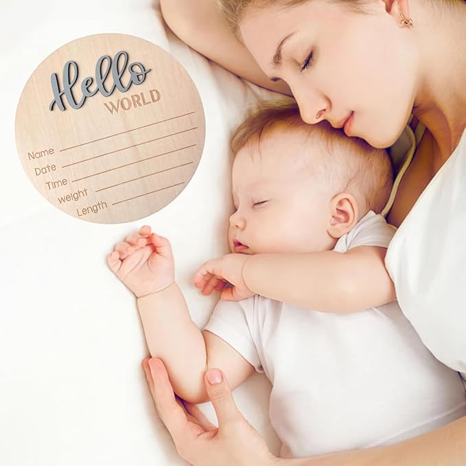 Baby Announcement Sign, 5.9 Inch Wooden Hello World Newborn Signs, Birth Announcement Sign, Baby Shower Hospital Nursery for Newborn Boys and Girls (Gray,Pen)