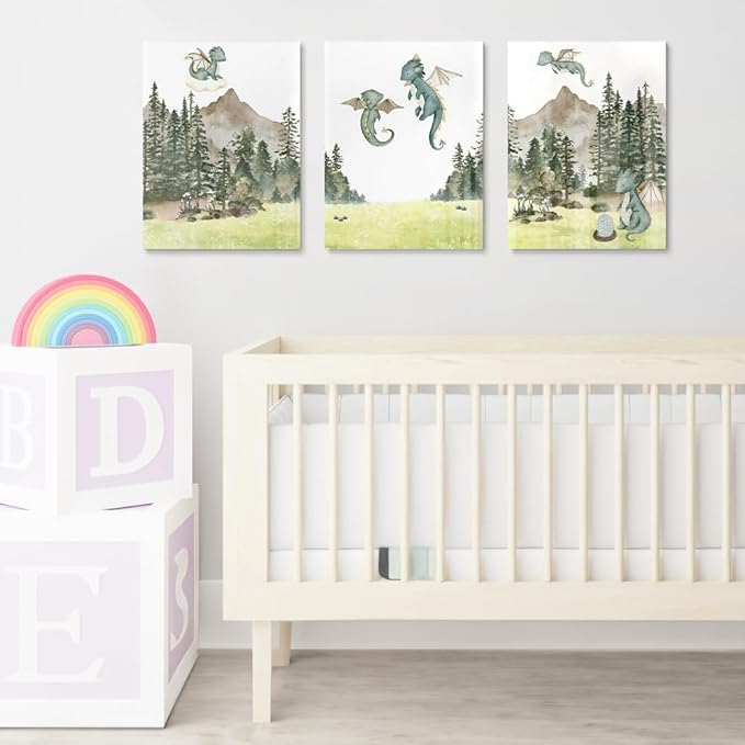 Green Baby Dragon Nursery Wall Decor, Dragon Egg Nursery Print for Baby Boy's Bedroom, Woodland Forest Mountain Wall Art, Nature Animal Art for Kids Room Decor, Framed Set of 3 Canvas, 16"x24"x3