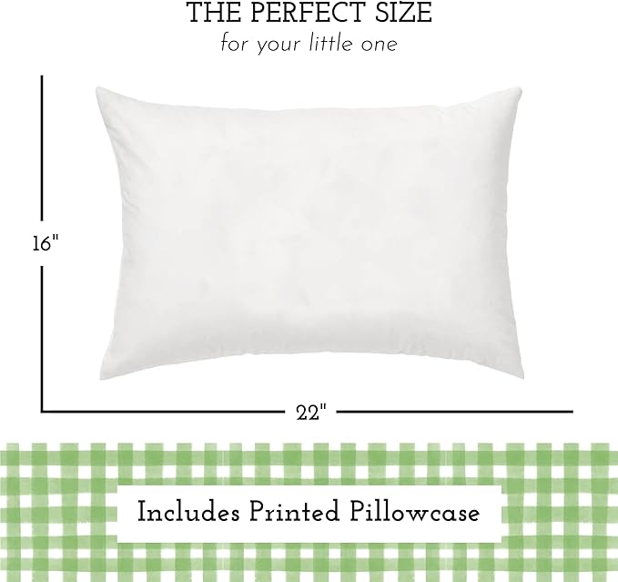 Little Sleepy Head Youth Pillow with Pillowcase 16x22, Soft Jumbo Toddler Pillows, Hypoallergenic Pillow Case - Best Kids Pillows for Sleeping, Perfect Kids Travel Pillows (Gingham Green)