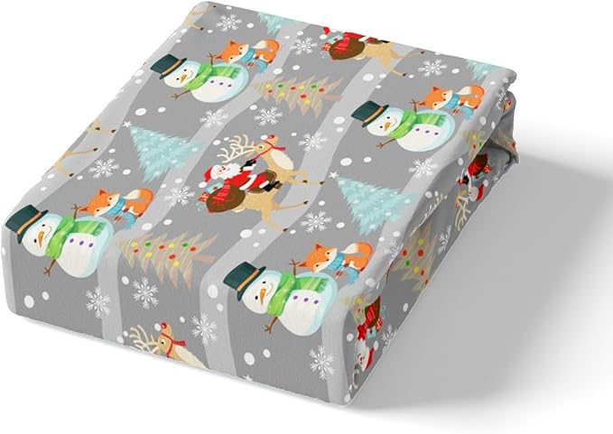 Christmas Duvet Cover Set Queen Size, Xmas Trees Snowman Santa Claus Comforter Cover with 2 Pillowcases, Winter Snowflake Grey Stripes Bedding Set for Kids Girls New Year Bedspread Cover,No Comforter